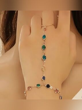 Elegant Gold Hand Chain with Multicolor Gemstones